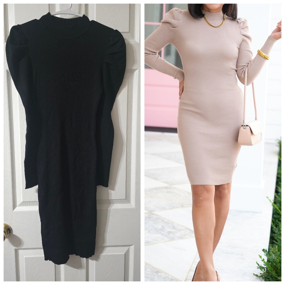 Jess Lea Puff Sleeve Mockneck Ribbed Bodycon Sweater Dress, Size Large, EUC!